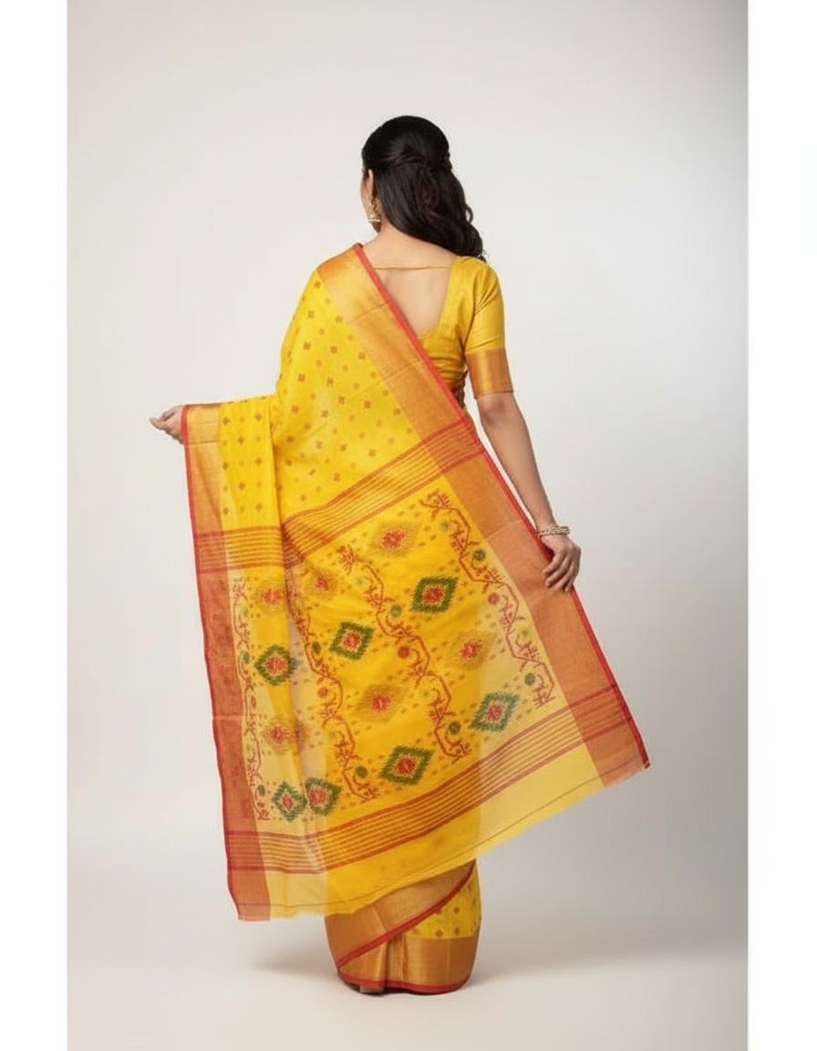 Handloom Tant Cotton Saree for Women | Yellow with Red Border | Traditional Bengali Saree