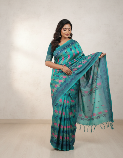 Women’s Teal Blue Handloom Tant Cotton Saree with Traditional Motifs with blouse peace