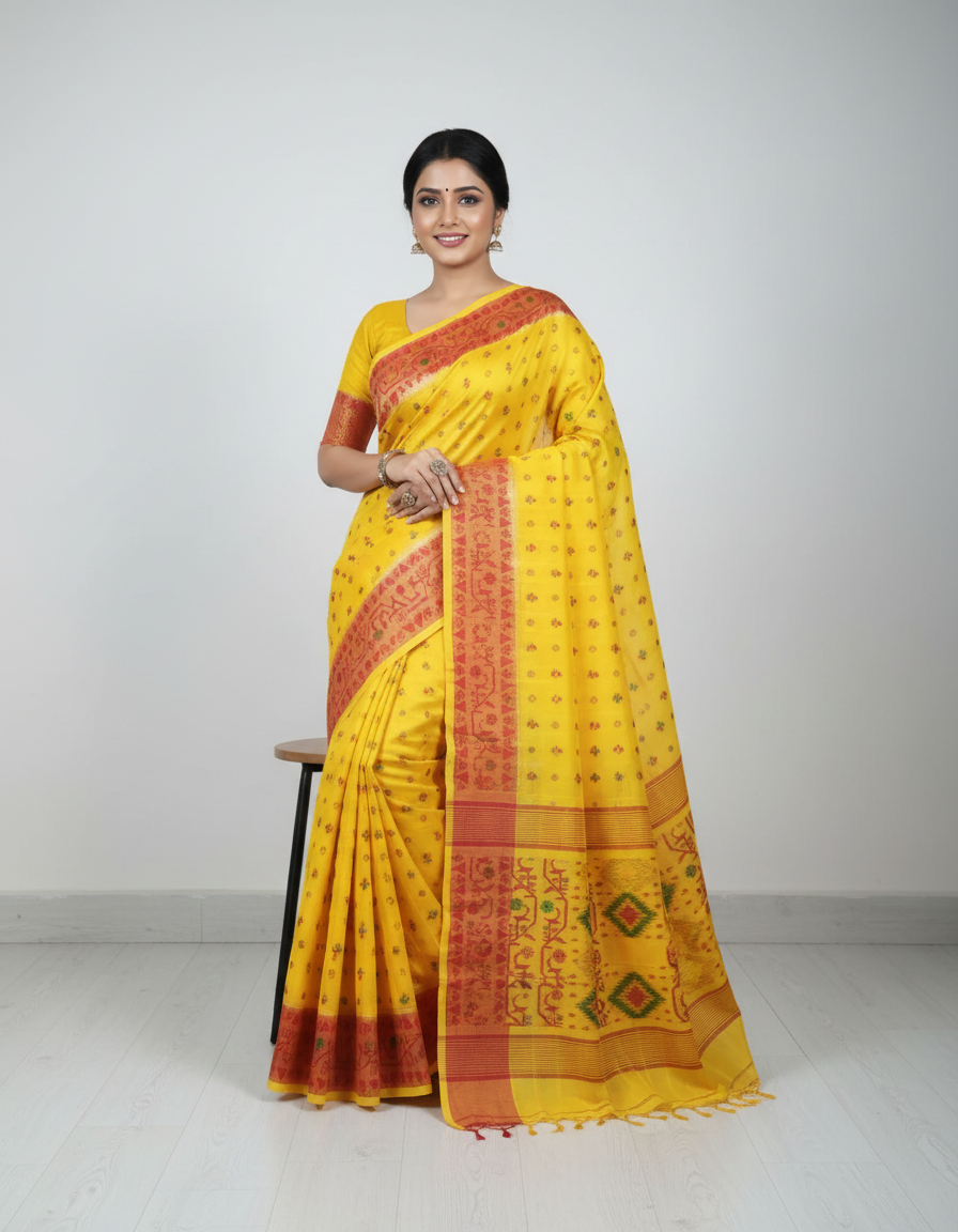 Handloom Tant Cotton Saree for Women | Yellow with Red Border | Traditional Bengali Saree