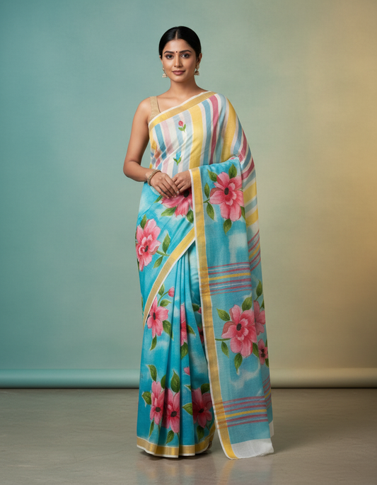 Pure Cotton Handprinted Handlom Saree With Blouse Piece