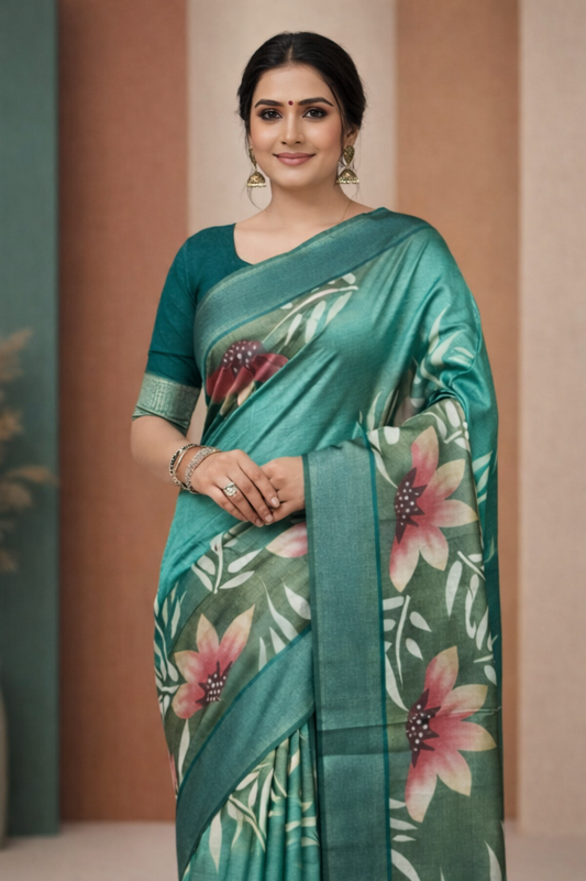 Bishnuper Floral Print Silk Saree With Bloose Peice