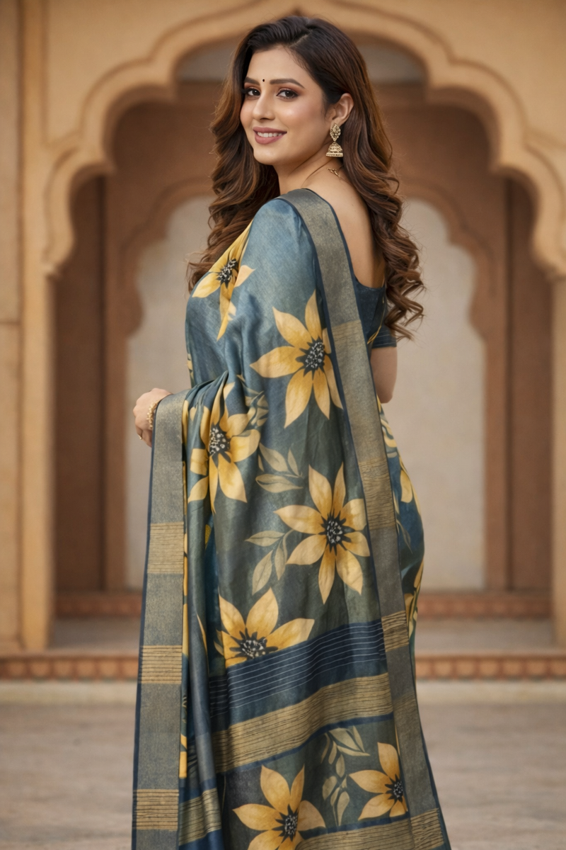 Premium Floral Printed Silk Saree – Steel Blue & Gold