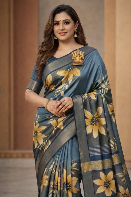 Premium Floral Printed Silk Saree – Steel Blue & Gold