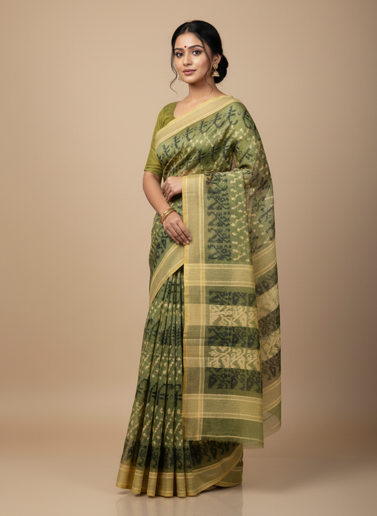 Handloom Tant Cotton Saree for Women | Olive Green with Traditional Woven Design
