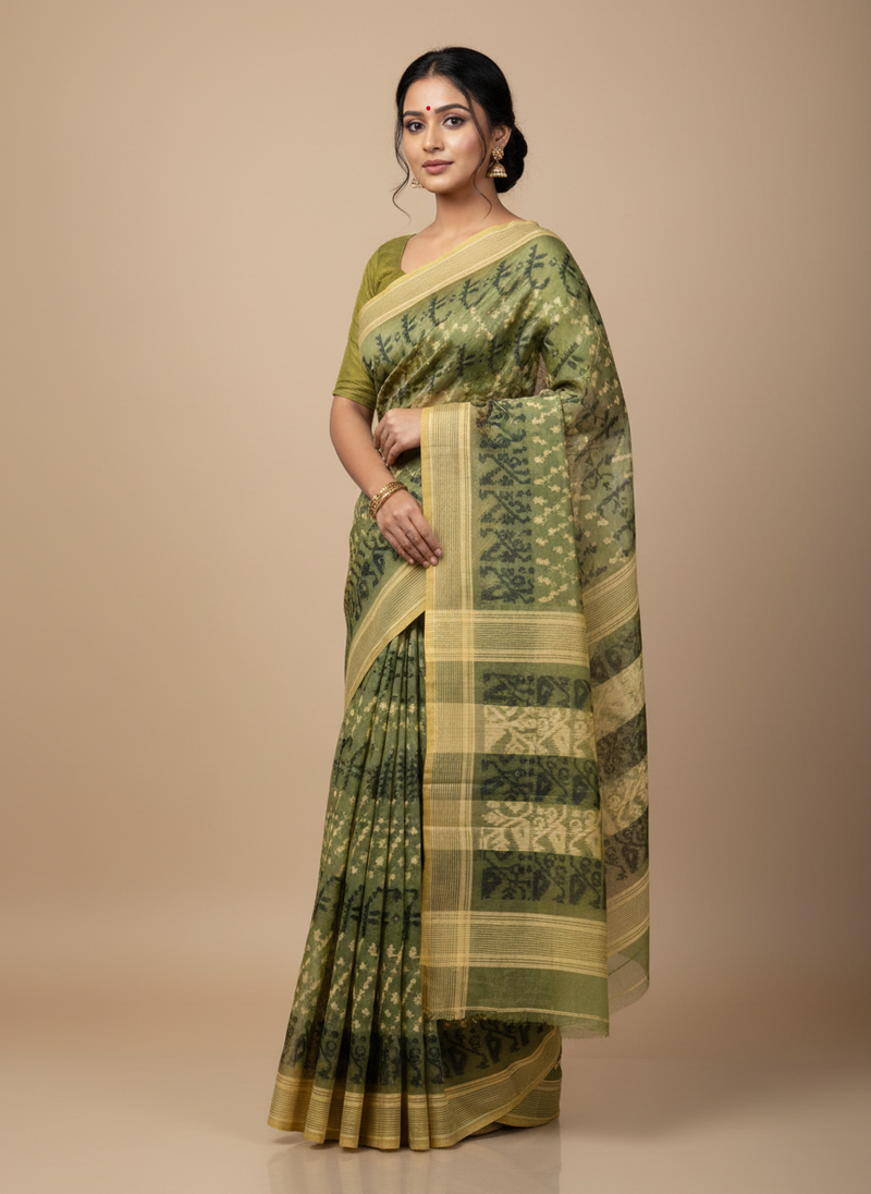 Handloom Tant Cotton Saree for Women | Olive Green with Traditional Woven Design