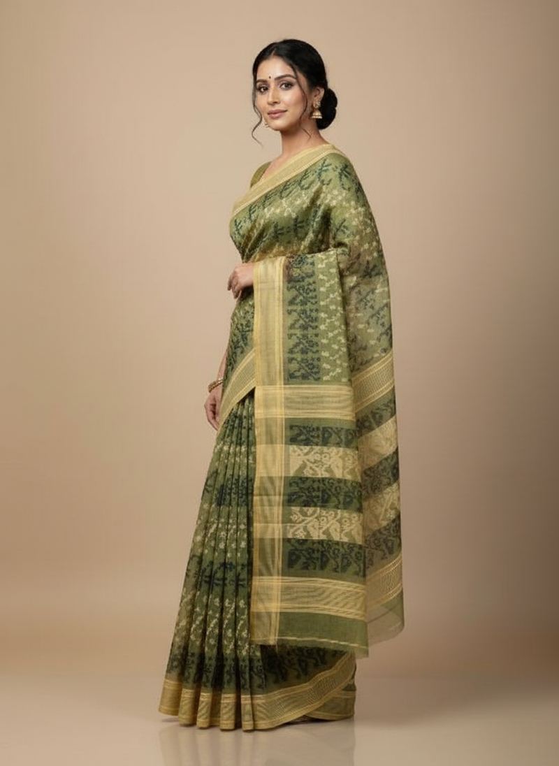 Handloom Tant Cotton Saree for Women | Olive Green with Traditional Woven Design