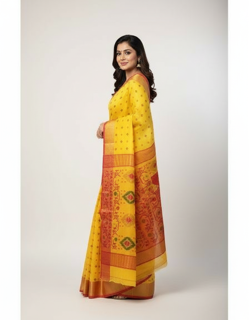 Handloom Tant Cotton Saree for Women | Yellow with Red Border | Traditional Bengali Saree