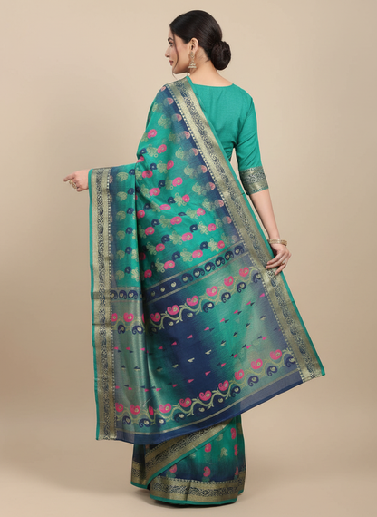 Women’s Teal Blue Handloom Tant Cotton Saree with Traditional Motifs with blouse peace