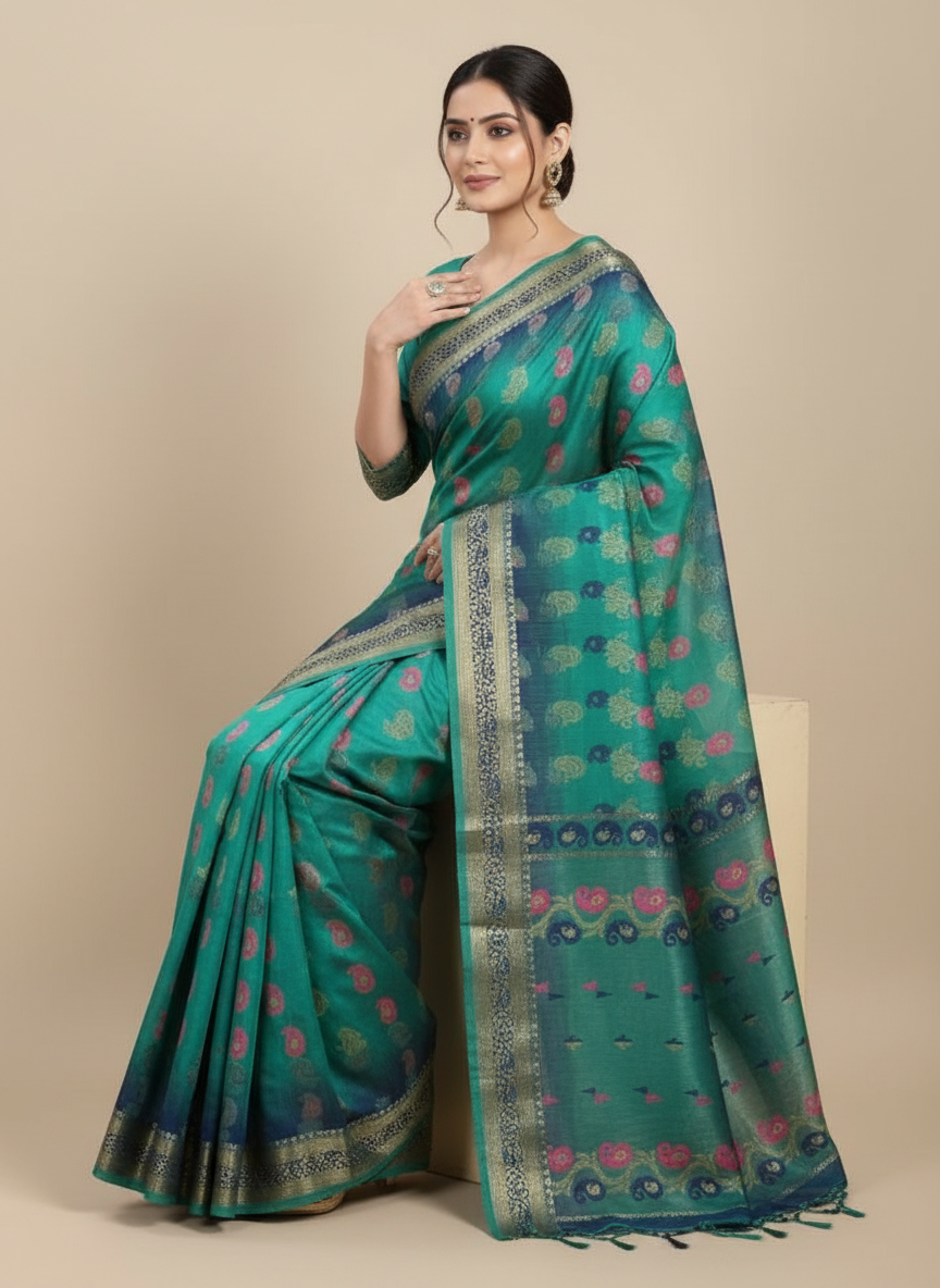 Women’s Teal Blue Handloom Tant Cotton Saree with Traditional Motifs with blouse peace