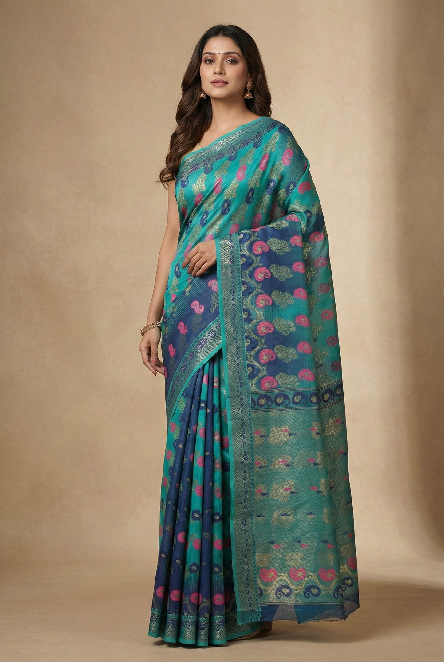 Women’s Teal Blue Handloom Tant Cotton Saree with Traditional Motifs with blouse peace