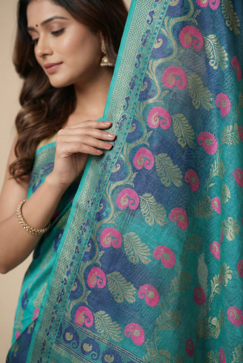 Women’s Teal Blue Handloom Tant Cotton Saree with Traditional Motifs with blouse peace