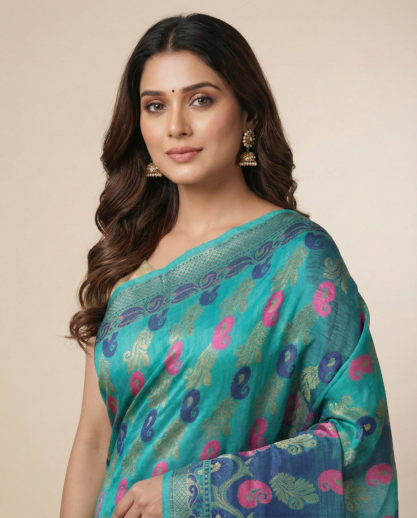 Women’s Teal Blue Handloom Tant Cotton Saree with Traditional Motifs with blouse peace