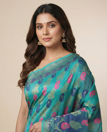 Women’s Teal Blue Handloom Tant Cotton Saree with Traditional Motifs with blouse peace